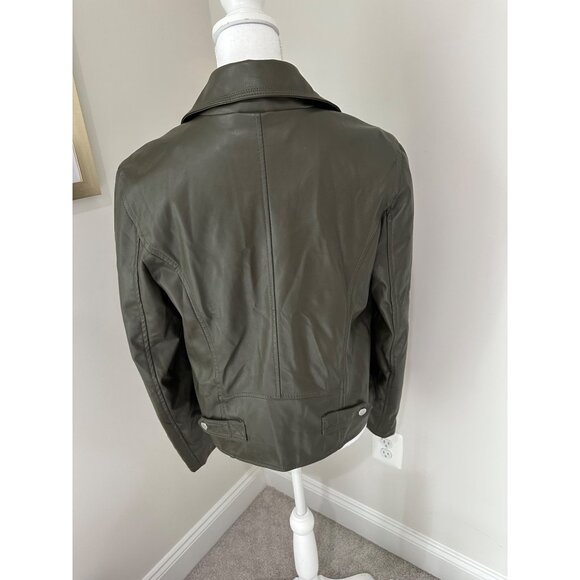 French Connection Womens Olive Green Faux Leather Moto Biker Jacket Size S - Picture 16 of 16